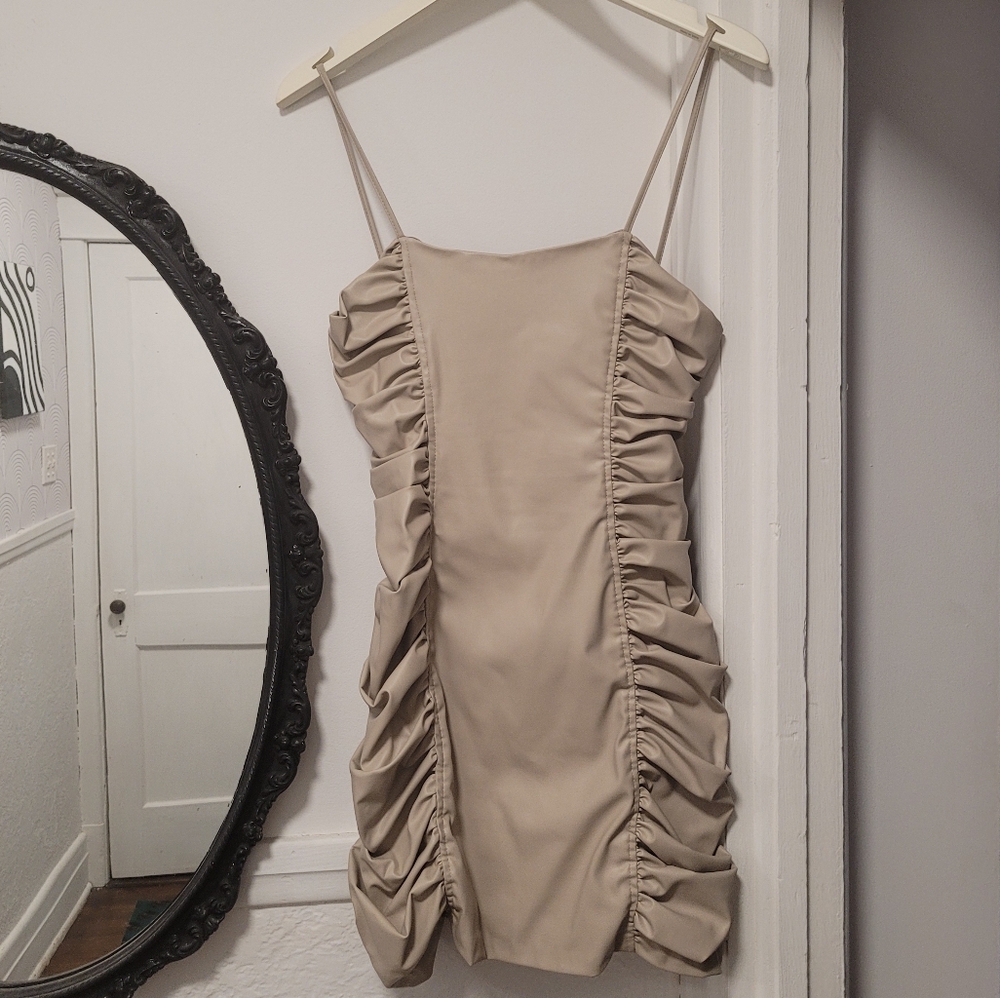 NWT Beige Pleather Ruched Dress